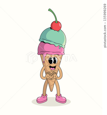 colorful ice cream cone love groovy cartoon illustration 135999269
