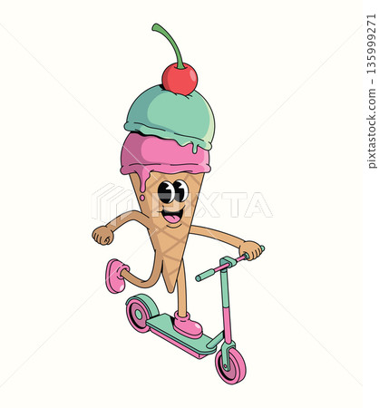 colorful ice cream cone kick scooter groovy cartoon illustration 135999271