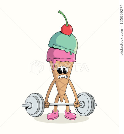 colorful ice cream cone hard weightlifting groovy cartoon illustration 135999274