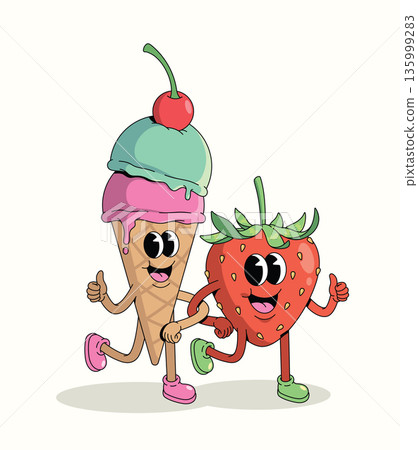 colorful ice cream cone and strawberry groovy cartoon illustration 135999283