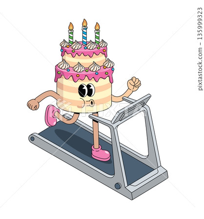 birthday cake treadmill groovy cartoon illustration 135999323