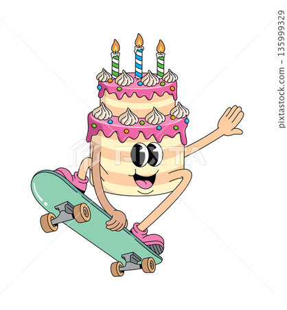 birthday cake skateboard style groovy cartoon illustration birthday cake skateboard style groovy cartoon illustration 135999329