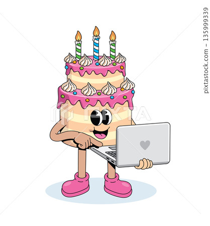 birthday cake laptop groovy cartoon illustration birthday cake laptop groovy cartoon illustration 135999339