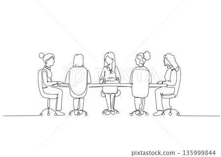 Continuous one line drawing five professional women sitting at long table for meeting. Female colleagues and leader in focused boardroom discussion. Single line draw design vector graphic illustration 135999844