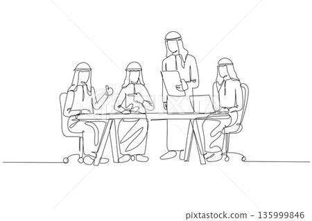 Continuous one line drawing four Saudi men in corporate meeting. Leader standing to present to colleague who are working with laptop at office desk. Single line draw design vector graphic illustration Continuous one line drawing four Saudi men in corporate meeting. Leader standing to present to colleague who are working with laptop at office desk. Single line draw design vector graphic illustration 135999846