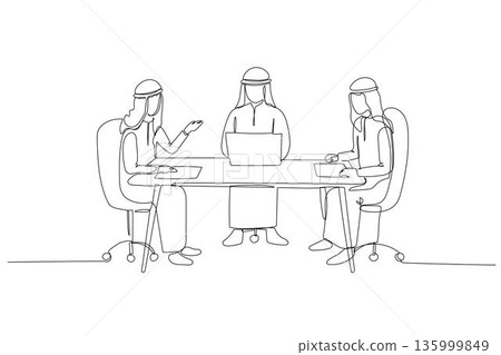 Continuous one line drawing three Saudi businessmen sitting at desk with laptop and papers, communicating during professional meeting in an office. Single line draw design vector graphic illustration 135999849
