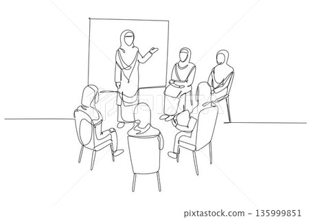 Single continuous line drawing Arab female presenter in hijab leading a workshop for group of participants. Inclusive communication and brainstorming. One line draw graphic design vector illustration Single continuous line drawing Arab female presenter in hijab leading a workshop for group of participants. Inclusive communication and brainstorming. One line draw graphic design vector illustration 135999851