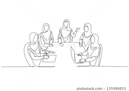 Single continuous line drawing professional Arab women in hijabs attending a business meeting, showing diverse female coworkers collaborating at table. One line draw graphic design vector illustration 135999853