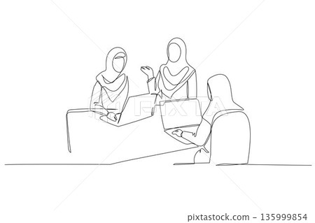Single continuous line drawing three Arab women in hijabs collaborating at meeting table. Professional discussion and diverse female teamwork. Dynamic one line draw graphic design vector illustration Single continuous line drawing three Arab women in hijabs collaborating at meeting table. Professional discussion and diverse female teamwork. Dynamic one line draw graphic design vector illustration 135999854