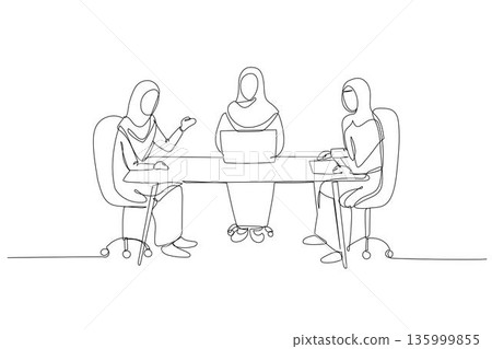 Single continuous line drawing three Arab women wearing hijabs collaborating at table with laptop. Inclusive teamwork, professional female empowerment. One line draw graphic design vector illustration 135999855