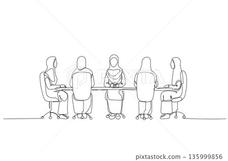 Single continuous line drawing five Arab women wearing hijabs in a corporate meeting, highlighting professional female collaboration, diverse teamwork. One line draw graphic design vector illustration 135999856
