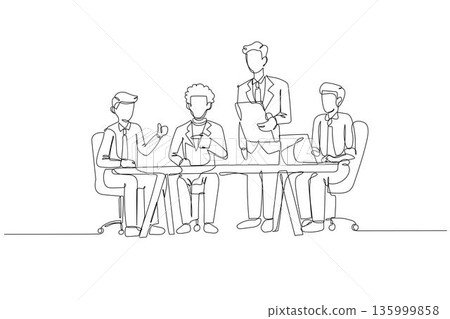 Single one line drawing professional business team, gathered for formal presentation or strategy meeting. Collaborative, corporate interaction. Continuous line draw design graphic vector illustration 135999858