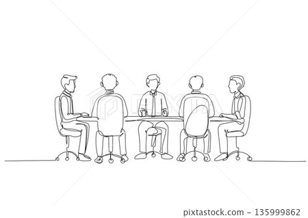 Single one line drawing male colleagues engaged in a strategic business and management discussion at conference table. Corporate collaboration. Continuous line draw design graphic vector illustration Single one line drawing male colleagues engaged in a strategic business and management discussion at conference table. Corporate collaboration. Continuous line draw design graphic vector illustration 135999862