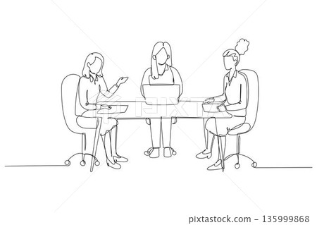 Continuous one line drawing three professional women collaborating at desk with laptop. Female colleagues engaged in a focused business discussion. Single line draw design vector graphic illustration 135999868