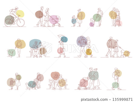 Minimalist line drawing illustration set of people walking in everyday life Minimalist line drawing illustration set of people walking in everyday life 135999871