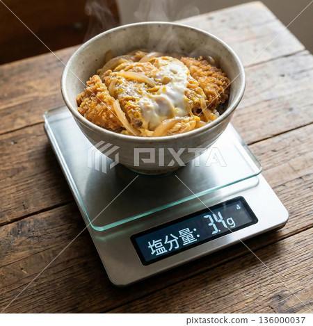 將豬排飯放在電子秤上，顯示其含鹽量為 3.4 克至 4.6 克。 136000037