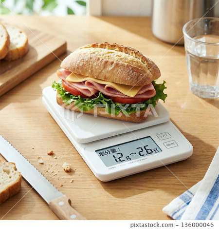 將三明治放在電子秤上，顯示鹽含量為 1.2 克至 2.6 克。 136000046