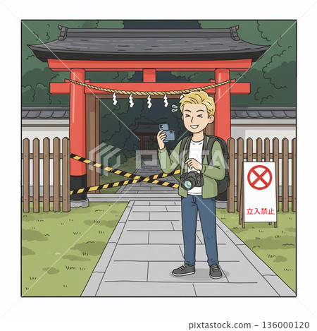 Illustration of a foreign tourist streaming video in a restricted area 179 136000120