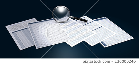 列印的業務資料檔案和放大鏡，業務績效驗證和資料分析的影像 136000240