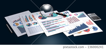 Printed business data document and magnifying glass, image of business performance verification and data analysis Printed business data document and magnifying glass, image of business performance verification and data analysis 136000241