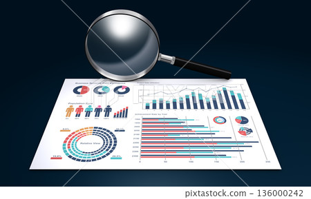 Printed business data document and magnifying glass, image of business performance verification and data analysis Printed business data document and magnifying glass, image of business performance verification and data analysis 136000242