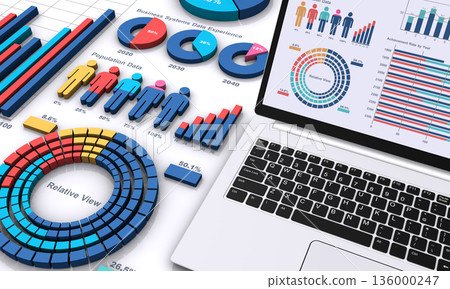 3D business graph and laptop 3D business graph and laptop 136000247