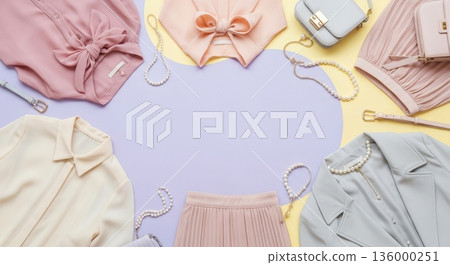 春季促銷廣告時尚背景：柔和的雙色調色彩和配件，留有文字空間。 136000251
