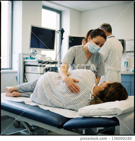 一名護士輕輕撫摸著正在接受胃鏡檢查的病人的背部，以安撫他。 136000280