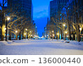 Snow-covered city avenues and streets at dusk 136000440