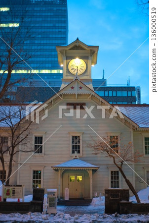 Sapporo Clock Tower and winter cityscape Sapporo Clock Tower and winter cityscape 136000519