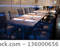 Restaurant table settings behind glass 136000656