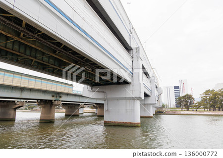 從武庫川河床看到的橋樑高架橋 從武庫川河床看到的橋樑高架橋 136000772