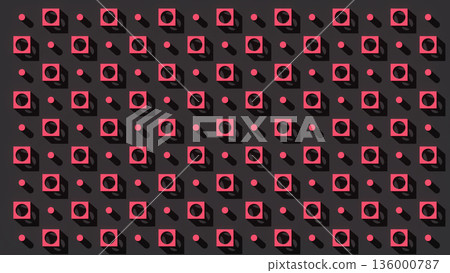 3D rendering of red geometric units with circular cut-outs and adjacent spheres arranged in grid 3D rendering of red geometric units with circular cut-outs and adjacent spheres arranged in grid 136000787