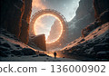 Epic Low Angle View of a Colossal Glowing Sci-Fi Ring Gate Over a Snowy Canyon with Lone Explorer 136000902
