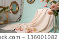Dreamy Pastel Composition with Floating Flowers, Etched Gold Mirrors, and Vibrant Green Neon Accents 136001082