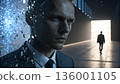 Futuristic Portrait of a Man Shattering into Blue Digital Cubes and Data Streams in a High-Tech Void 136001105