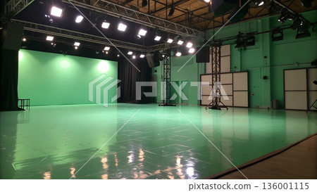 Realistic Tiny Pastel Stage with Soft Studio Lighting and Reflective Light Green Floor Surface 136001115