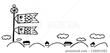 單色線條畫：手繪鯉魚彩帶和天空插圖。適用於兒童信件和公告。 136001891