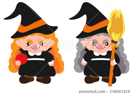 插圖：一位女巫拿著蘋果，一位女巫拿著掃帚。 136001919