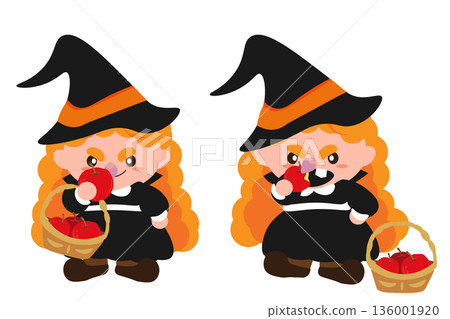 女巫拿著蘋果和女巫咬蘋果的插圖 136001920