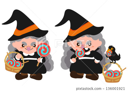 插圖描繪了一位女巫拿著棒棒糖，以及一位女巫和一隻烏鴉一起吃糖的場景。 136001921