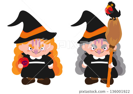 一幅插圖，描繪了一個女巫拿著一個毒蘋果，一隻烏鴉正在吃這個蘋果。 136001922