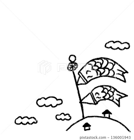 單色線條畫，描繪了一條微笑的鯉魚飄帶，手繪風格插圖，適用於兒童信件和公告。 136001943