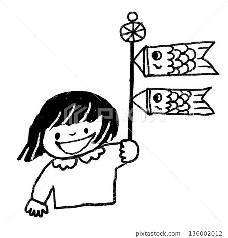 女孩手持鯉魚彩帶的單色線條畫。適用於兒童信件和公告。 136002012