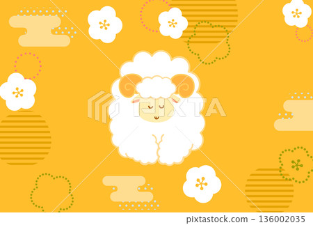 Year of the Sheep New Year's card illustration of a cute bowing sheep with a Japanese pattern horizontal gold background, no text Year of the Sheep New Year's card illustration of a cute bowing sheep with a Japanese pattern horizontal gold background, no text 136002035