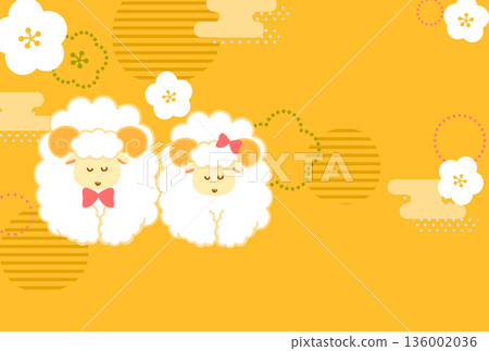 羊年新年賀卡插圖，兩隻可愛的綿羊鞠躬，金色橫條背景上飾有日式圖案。無文字。 136002036