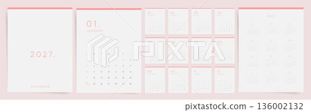 2027 Calendar template design in pastel pink minimal style. Week starts on Sunday. Clean wall and desk planner. English vector monthly pages and year overview layout. 2027 Calendar template design in pastel pink minimal style. Week starts on Sunday. Clean wall and desk planner. English vector monthly pages and year overview layout. 136002132