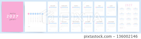 2027 Calendar template design. Week starts on Sunday. Soft pastel wall and desk calendar in minimal lifestyle style. Personal planner. English vector calendar layout. 136002146
