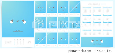 2027 Calendar template design with cute character. Week starts on Sunday. Blue gradient desk and wall calendar in clean modern style. English vector planner. 136002150