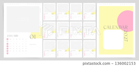 2027 Calendar template with notes layout. Week starts on Sunday. Modern wall and desk calendar with goals and notes section. English vector planner design. 2027 Calendar template with notes layout. Week starts on Sunday. Modern wall and desk calendar with goals and notes section. English vector planner design. 136002153